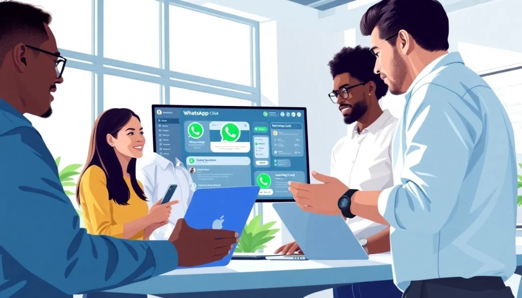 Visual representation of What is a CRM for WhatsApp highlighting teamwork around a digital interface.