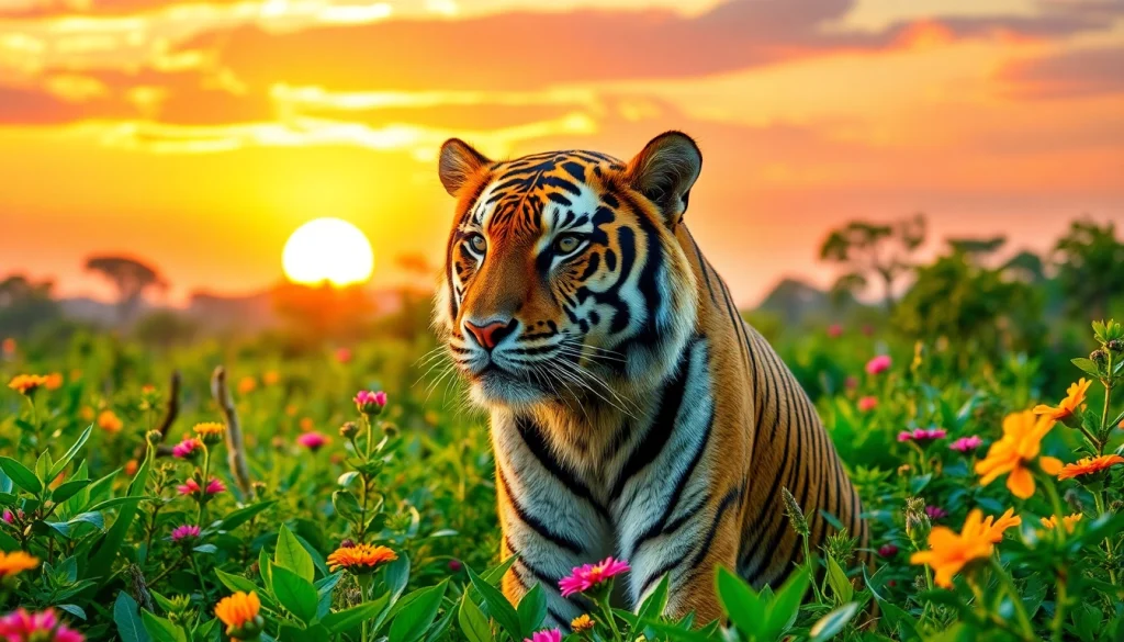 Admire la scène de safari avec un tigre du Bengale sur pandachi.fr, symbole de beauté sauvage.