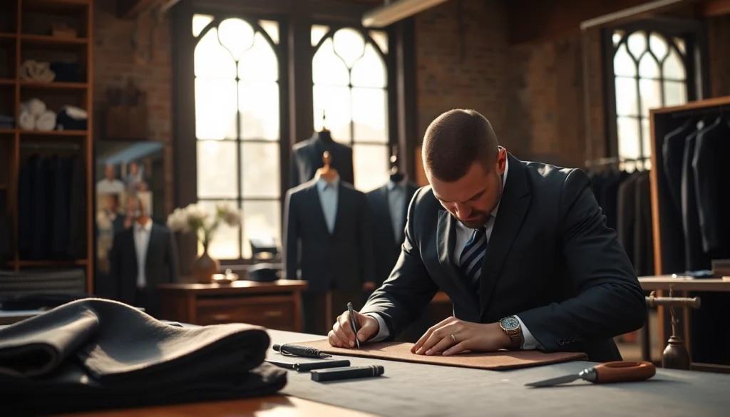 Crafting bespoke custom made suits in a tailored workshop highlighting luxury and craftsmanship.