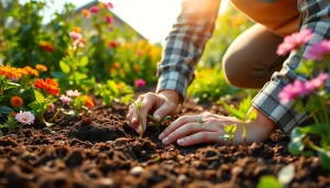Gardening enthusiast meticulously planting seeds in a vibrant garden bed to grow fresh vegetables.