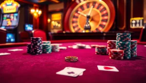 Showcasing an exquisite 結婚戒指 amidst casino excitement, surrounded by cards and chips.