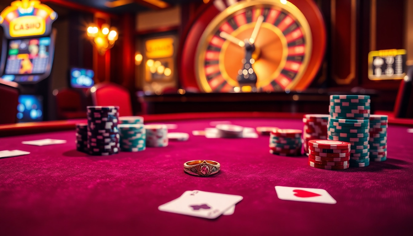 Showcasing an exquisite 結婚戒指 amidst casino excitement, surrounded by cards and chips.