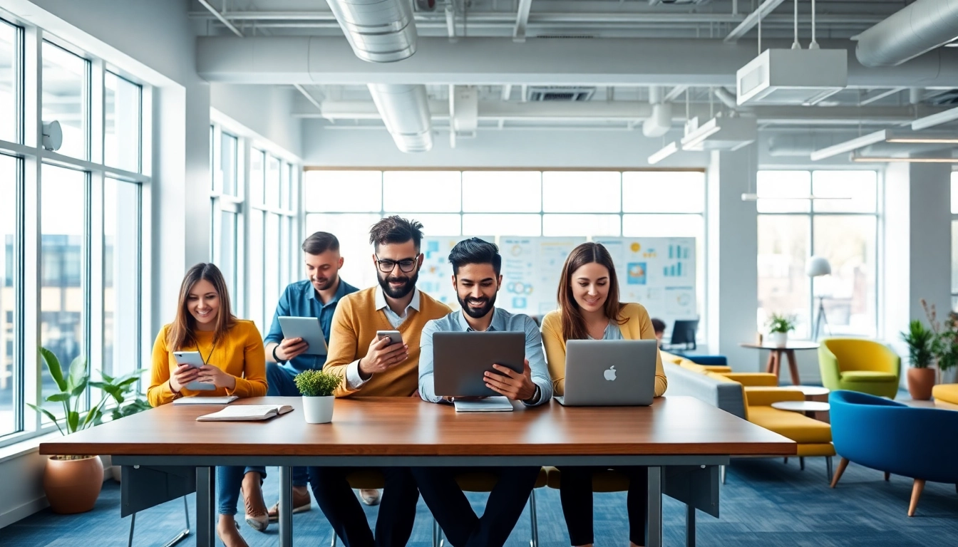 Team collaboration at a dynamic Agency in a modern workspace with digital devices.