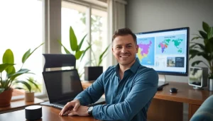 Dustin Rennie, Belize real estate expert, analyzing market trends in a modern office.