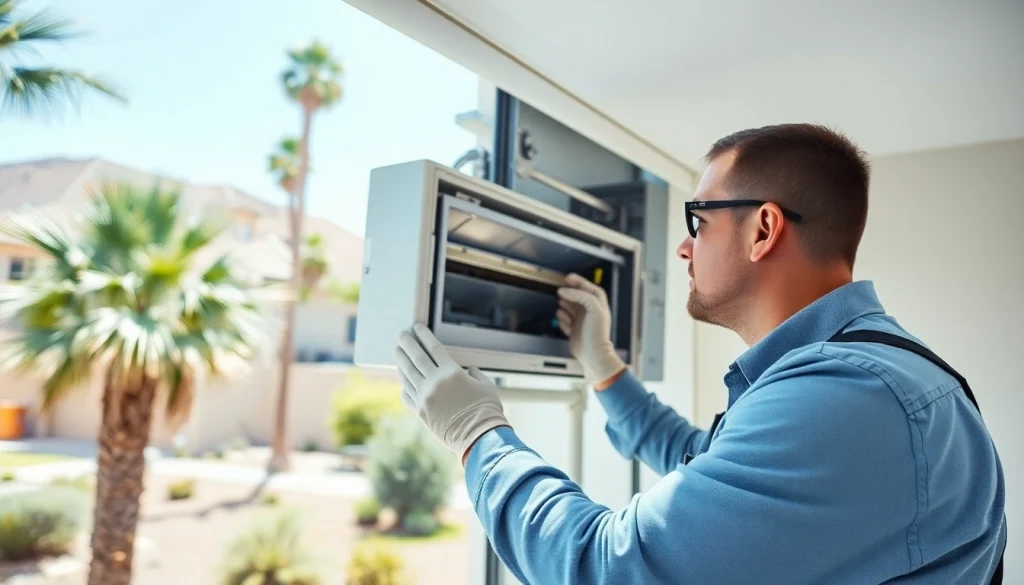Skilled technician servicing a Scottsdale AC unit amidst a sunny desert landscape.
