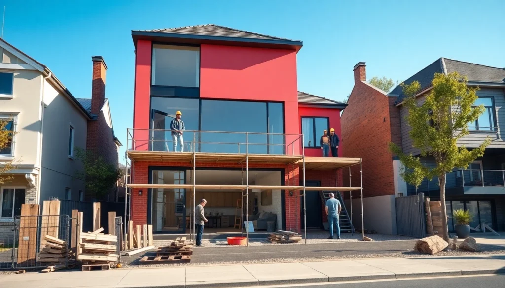 House extension construction site in Melbourne featuring modern design and builders at work.