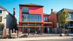 House extension construction site in Melbourne featuring modern design and builders at work.