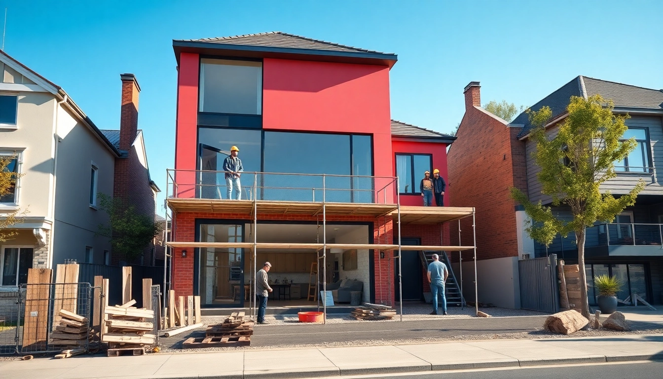 House extension construction site in Melbourne featuring modern design and builders at work.