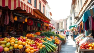 Жвава сцена на https://sumytoday.in.ua з кольоровими прилавками і традиційною архітектурою