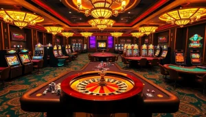 Players enjoy various casino games at vibrant tables, with okbay-themed decorations enhancing the atmosphere.