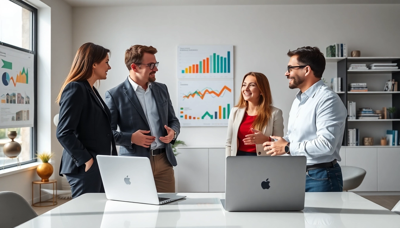 Engaging real estate broker advising clients in a modern office setting.