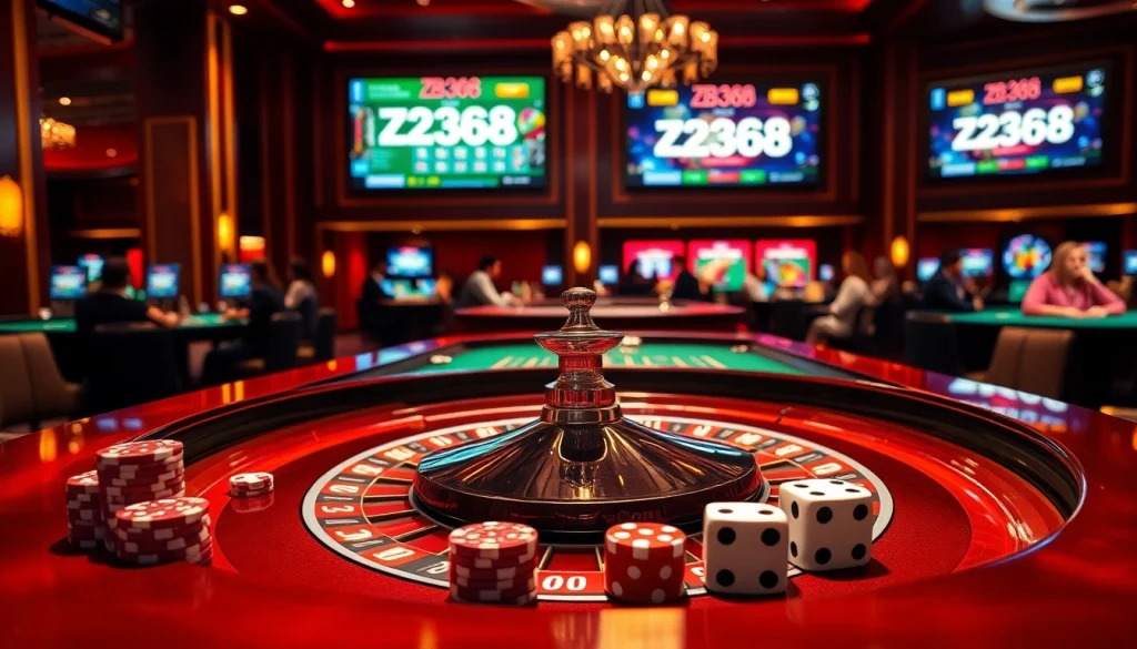 ZB368 players placing bets at a luxurious casino table with vibrant poker chips and roulette wheel.