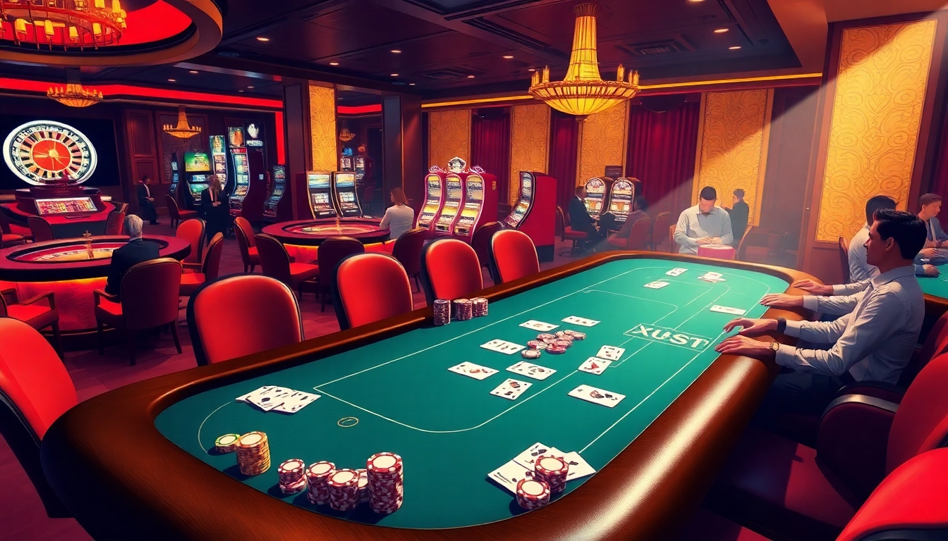 Experience high-stakes poker at XX88 casino adorned with luxurious tables and vibrant atmosphere.