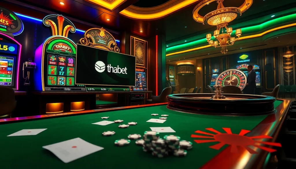 Vibrant online casino scene showcasing Thabet branding with roulette, slot machines, and poker elements.
