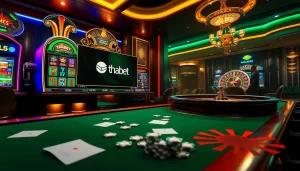 Vibrant online casino scene showcasing Thabet branding with roulette, slot machines, and poker elements.