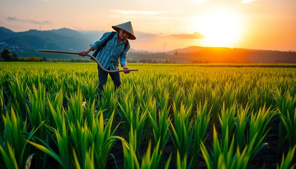 Petani toto bekerja di ladang padi, menanami dengan alat tradisional saat senja.