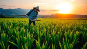 Petani toto bekerja di ladang padi, menanami dengan alat tradisional saat senja.