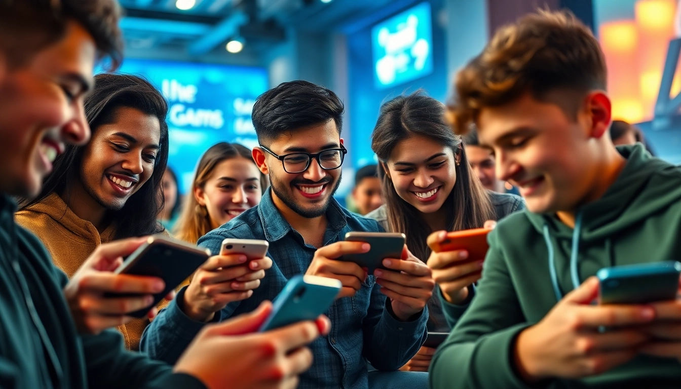 Engaged players enjoying various games via Jawal Games mobile platform in a lively setting.