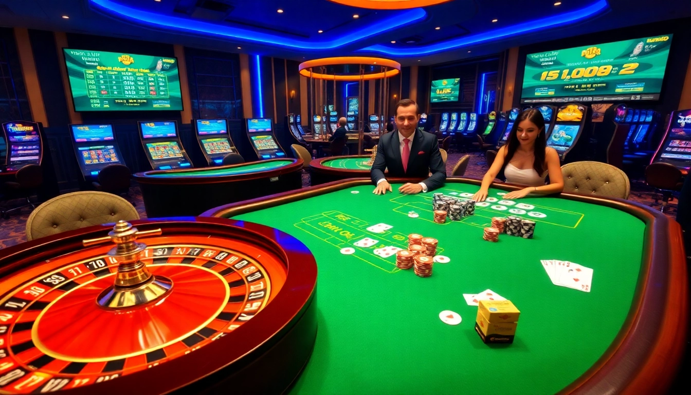 Fun88 players enjoying an exciting game at a luxurious casino table with lively atmosphere.