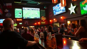Engaging atmosphere of sports betting in Texas with enthusiastic fans and a vibrant sports bar setting.