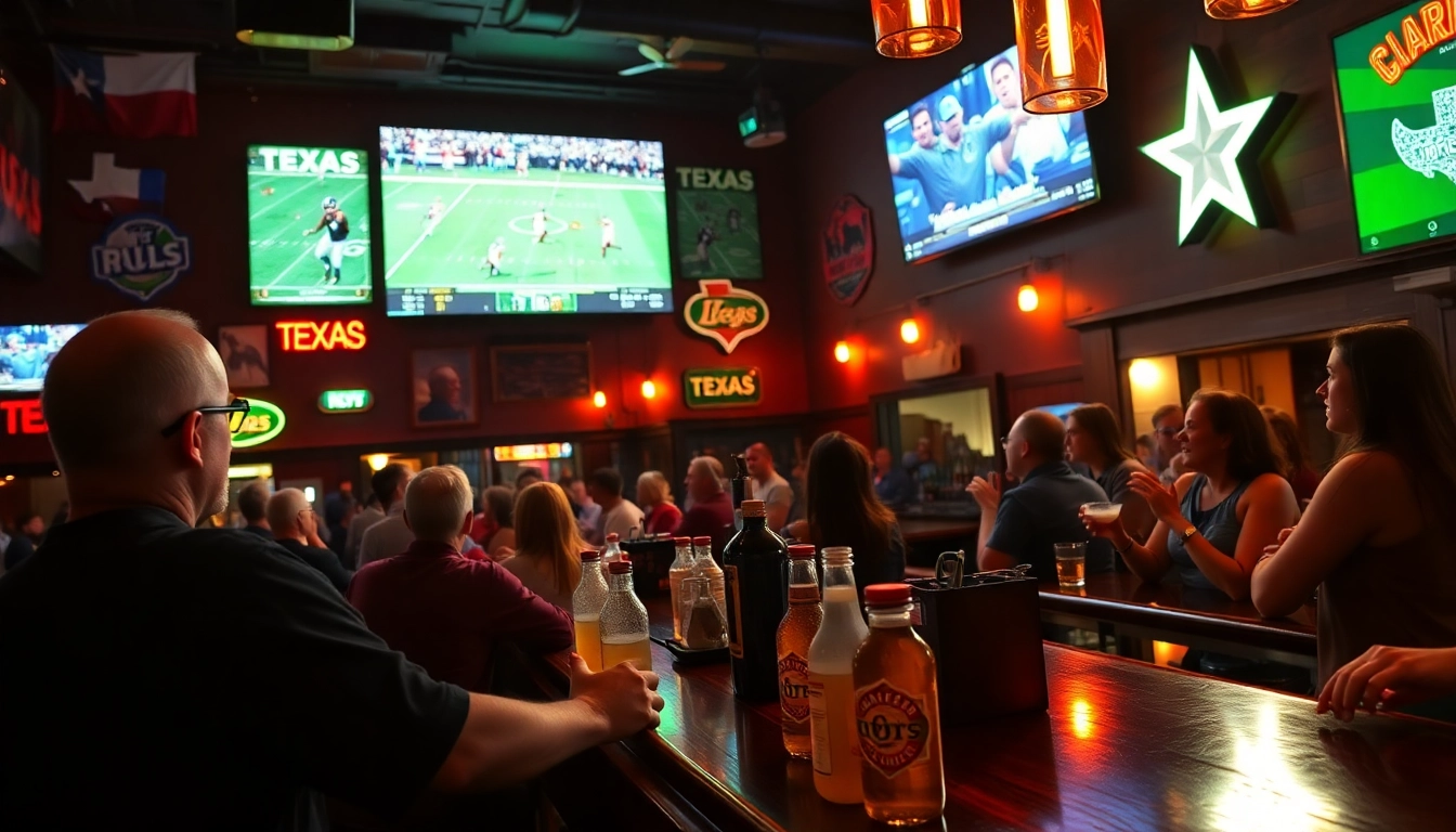 Engaging atmosphere of sports betting in Texas with enthusiastic fans and a vibrant sports bar setting.