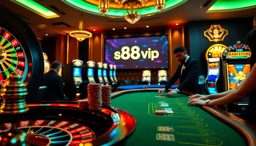 s88vip casino scene with roulette wheel, poker chips, and engaging players for an immersive experience
