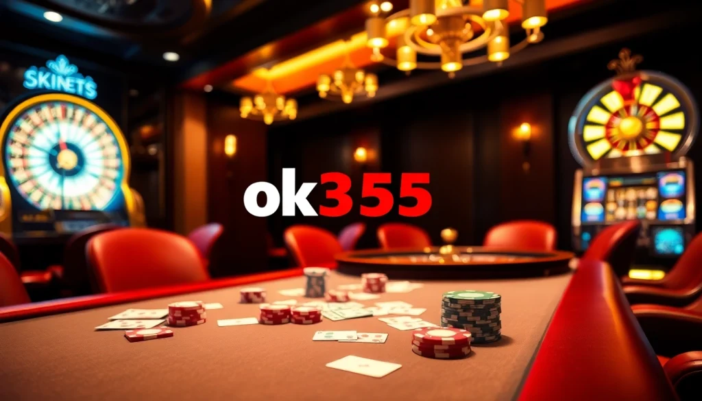 Experience the excitement of gambling at ok365 with vibrant poker tables and elegant slot machines.