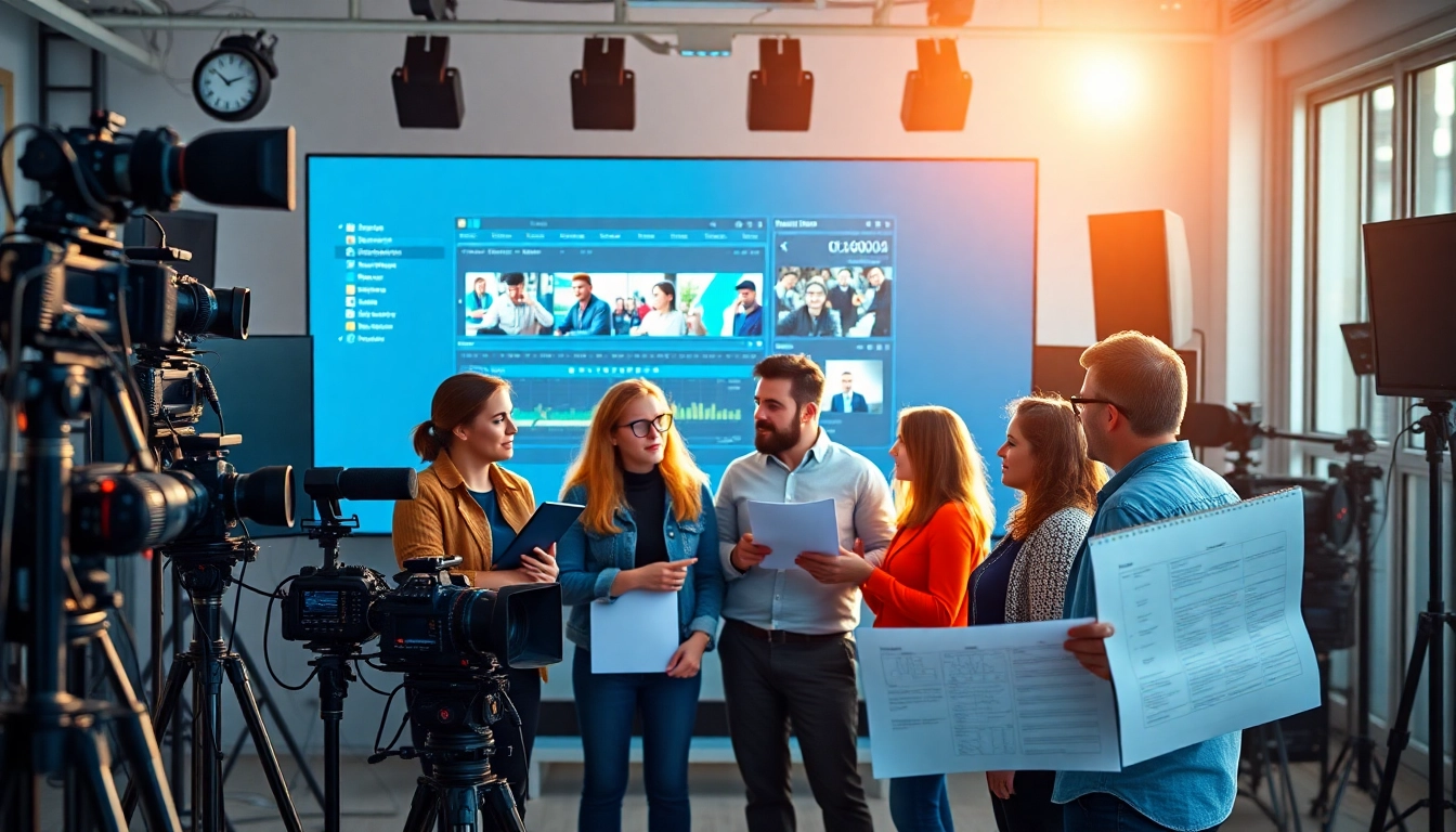 Engaged video production team collaborating in a Calgary studio, showcasing high-quality video creation activities.