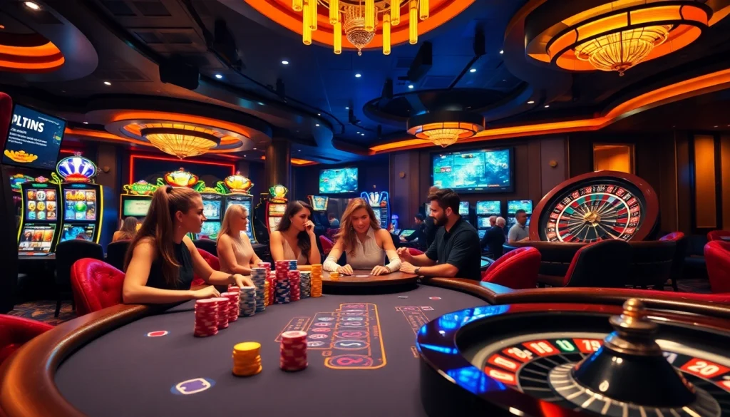 Experience xem bóng đá trực tiếp in a vibrant casino scene with poker players and flashing slot machines.