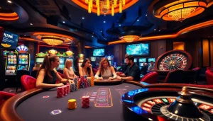 Experience xem bóng đá trực tiếp in a vibrant casino scene with poker players and flashing slot machines.