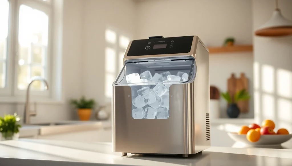 Discover an affordable ice maker producing clear ice cubes in a bright kitchen setting.