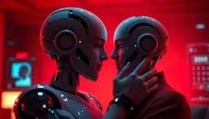 Intimate scene showcasing sex AI technology with a humanoid robot and human connecting emotionally.