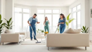 Experience a thorough Cleaning service in action, showcasing a professional team in a bright living room.