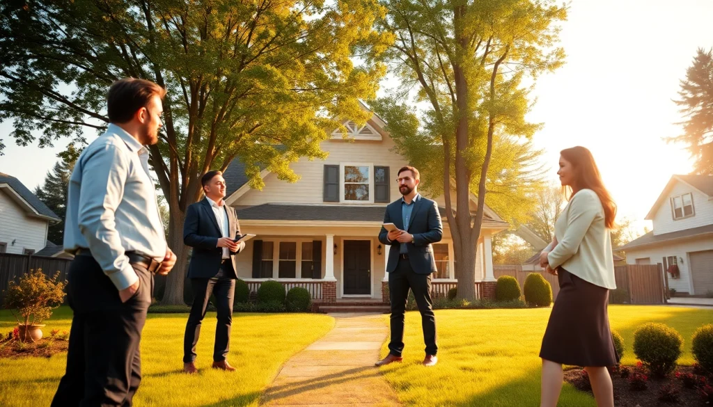 Highlighting real estate agents showcasing a charming home in a vibrant suburban environment.