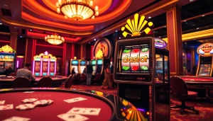 Experience the thrill of doaslot at a luxurious casino with vibrant tables and slot machines.