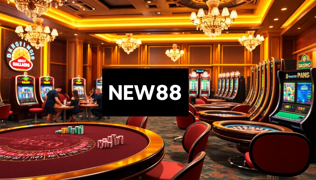 Players celebrating wins at NEW88 casino with vibrant games and elegant decor.