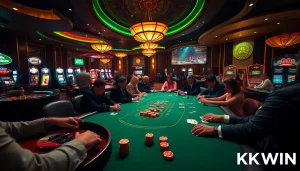 Experience the excitement of KK WIN at a luxurious casino poker table filled with players and vibrant gaming elements.