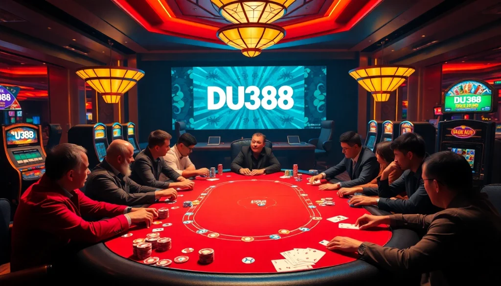 Gamblers placing bets at DU388 casino table with vibrant chips and cards.