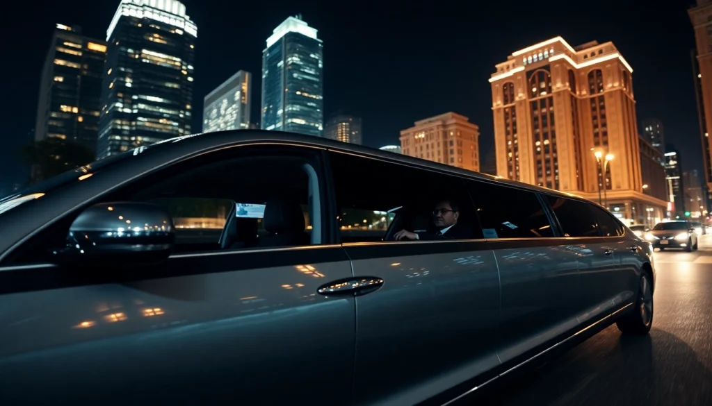 Book a reliable limousine service near me, showcasing a sleek black limo illuminated by vibrant city lights.