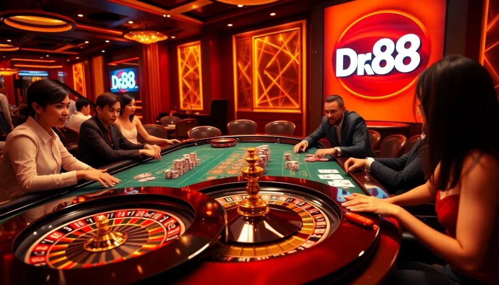 Experience the thrill of gaming at Trang chủ Dr88 with professional players at an elegant casino table.