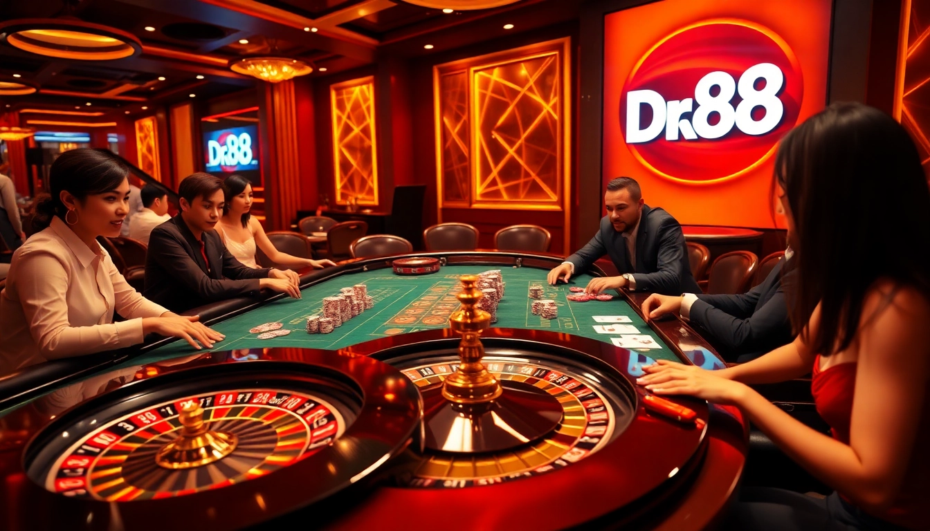 Experience the thrill of gaming at Trang chủ Dr88 with professional players at an elegant casino table.