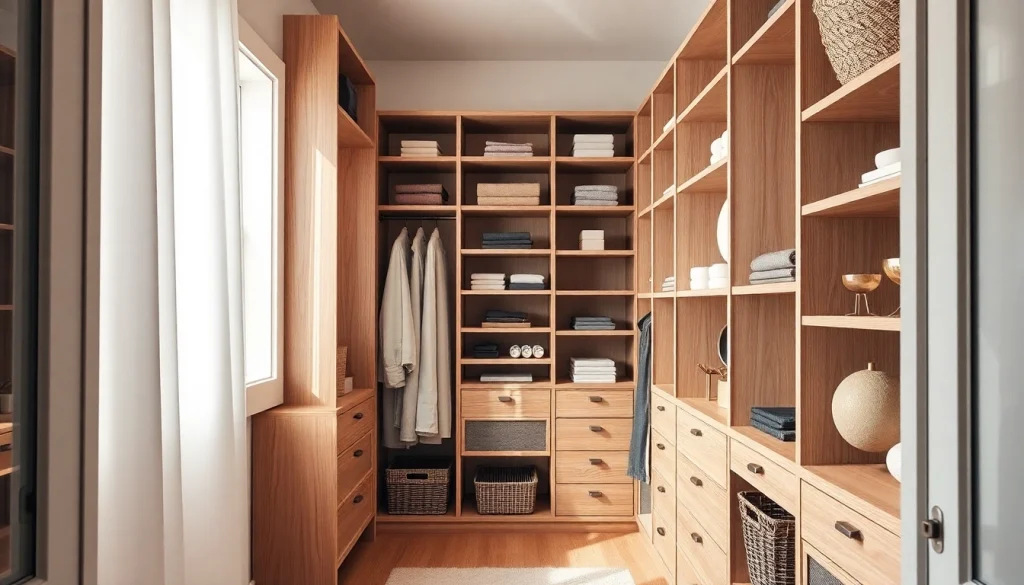 Closets designed with custom shelving and natural light create a stylish organized space.