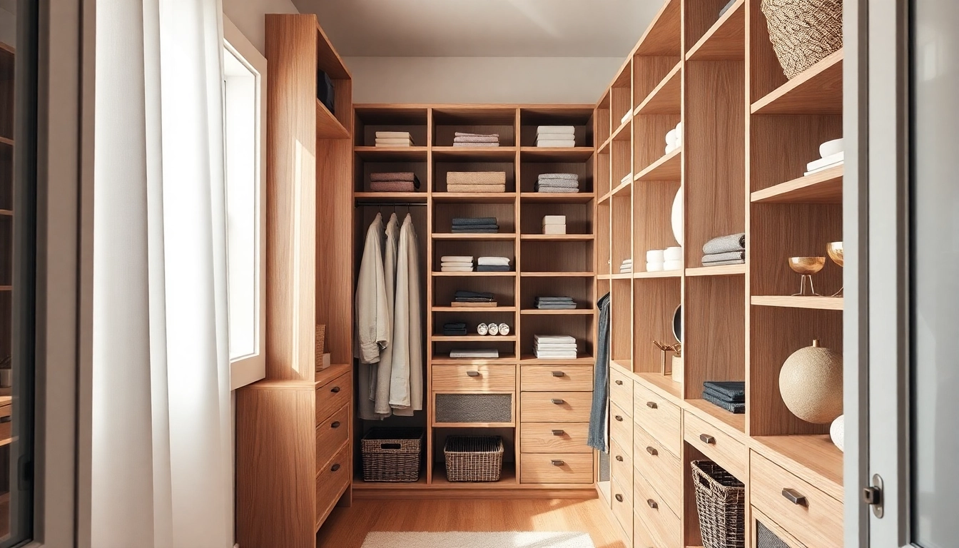 Closets designed with custom shelving and natural light create a stylish organized space.