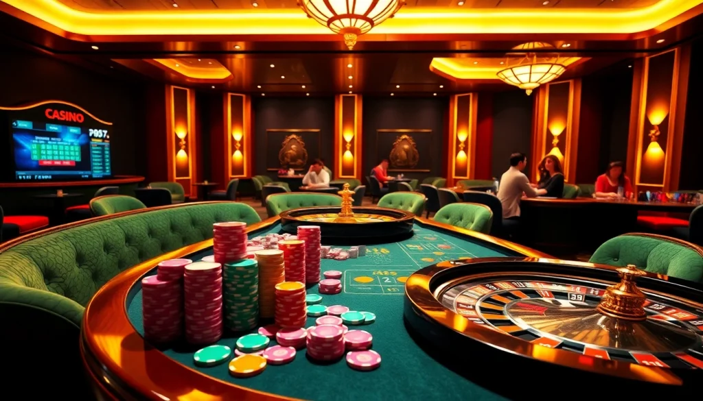 Exciting casino scene featuring online gambling elements from https://kkwin.diy/, with colorful playing cards and poker chips.