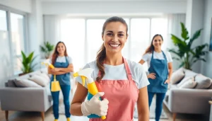 Cleaning service team effectively tidying a modern home environment.