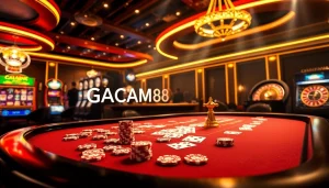GACAM888 casino experience showcasing luxurious tables and thrilling slot machines in an elegant setting.
