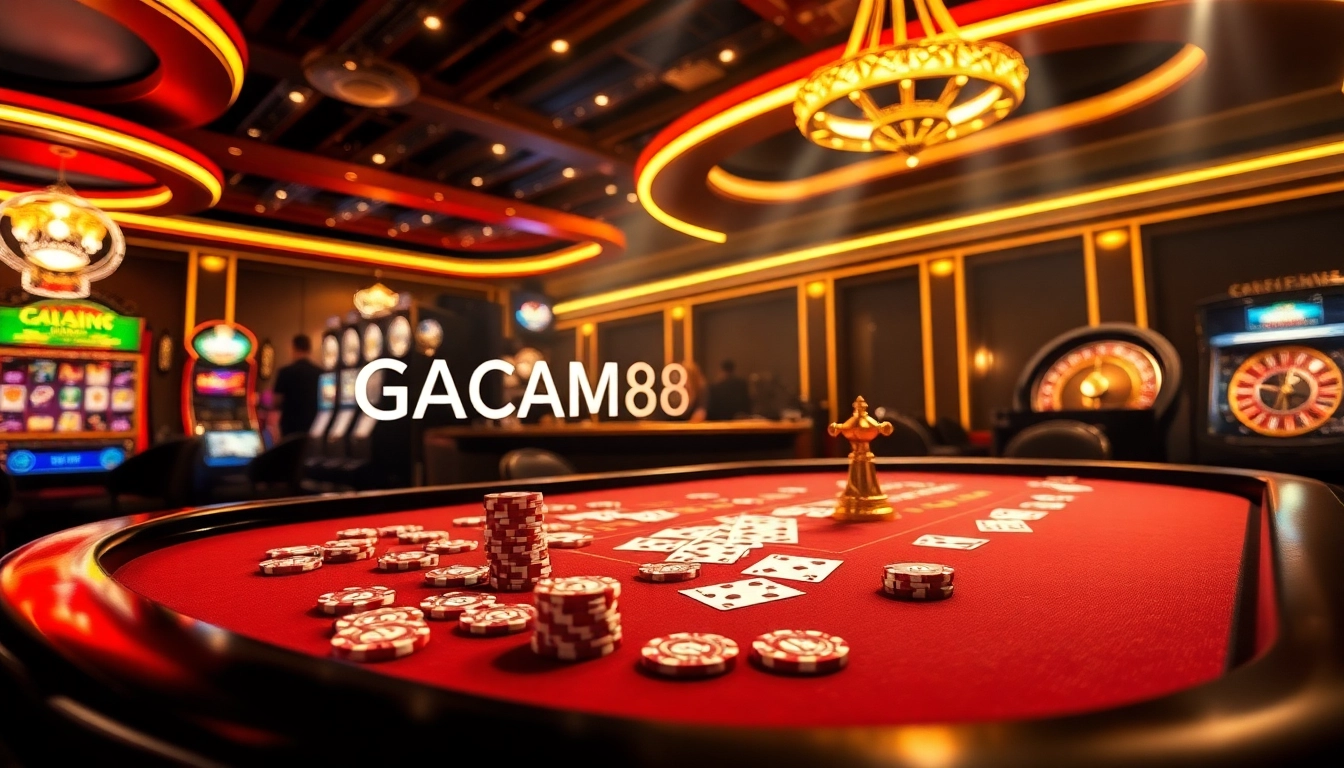 GACAM888 casino experience showcasing luxurious tables and thrilling slot machines in an elegant setting.