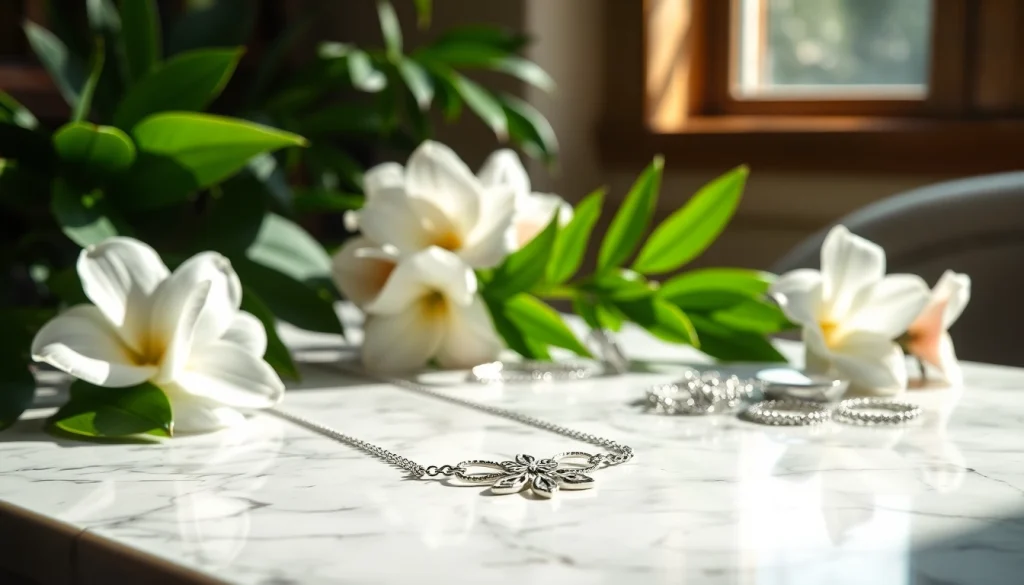 Showcase beautiful jewelry from https://valenciakey.es, featuring a silver necklace on a marble table.