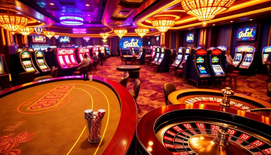 Engaging gameplay at God345 casino, showcasing vibrant slot machines and a roulette wheel.