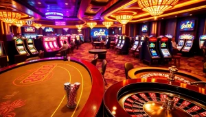 Engaging gameplay at God345 casino, showcasing vibrant slot machines and a roulette wheel.